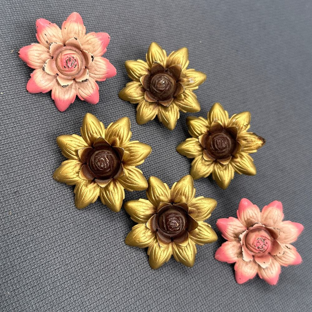 VTG Curtain Tie Backs Floral Push Pin Tack Button Flower Gold Pink Metal Lot 6